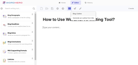 WordHero blog outline generator